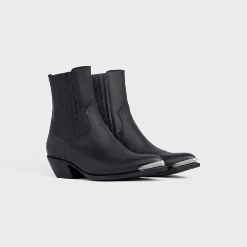 Celine Berlin 80 Cowboy Boots Black Leather Size 7 Pointed Toe Ankle Boots